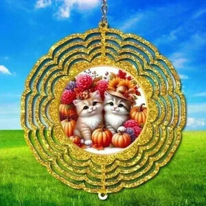 8 inch fall kitten and pumpkin floral indoor /outside wind spinner